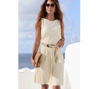 Plisseekleid LASCANA "aus schimmernder Ware", Damen, Gr. 44, N-Gr, beige (creme), Jersey, Obermaterial: 94% Polyester, 6% Elasthan, unifarben, figurumspielend knielang, Rundhals, Kleider, Partykleid,