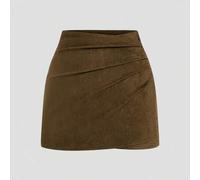 Plissierter asymmetrischer dekorativer Reißverschluss-Rücken Wildleder Kurzrock in Braun für Große Größen, minimalistisch, für Pendler, Herbst/Winter