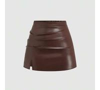 Plissierter Minirock aus PU-Leder in Große Größen, A-Linie, Schlitzdesign, schmeichelhafter Sitz