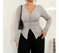 Plissiertes gestreiftes Langarm T-Shirt aus Baumwollstrick mit V-Ausschnitt in Große Größen, figurformend, für Herbst/Winter