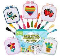 Pllieay 5-teiliges Kreuzstich-Set für Anfänger für Kinder von 7-13, inklusive 5 gemusterten und 5 quadratischen Stickrahmen, 11 Knäuel, Nadelspitzen-Starter-Set, Nähset mit Anleitung (evtl. nicht in