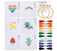 Pllieay Kreuzstich Anfänger Set für Kinder, Stickerei Set enthält 6 Projekt-Kreuzstichmuster und 2 Stickrahmen Ring,12 Knäuel, Nadelspitzen-Starter-Set mit Anleitung (evtl. Nicht in Deutscher Sprache)