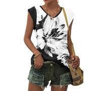 PLMOKEN T-Shirt Sommer Tank Top Damen - Ärmelloses Blusenshirt V Ausschnitt Blusen Shirts Oberteile Offset Bedrucktes Top