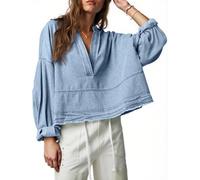 PLNOTME Damen-Denim-Top, Pullover, trendig, lässig, V-Ausschnitt, lockere Passform, Puffärmel, Jeans, Baumwollhemden, Hell, blau, Klein