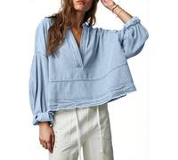 PLNOTME Damen-Denim-Top, Pullover, trendig, lässig, V-Ausschnitt, lockere Passform, Puffärmel, Jeans, Baumwollhemden, Haze Blue, Klein