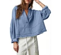 PLNOTME Damen-Pullover, Lange Ärmel, Denim-Top, lässig, V-Ausschnitt, lockere Passform, Jeans-Pullover, Baumwollhemden, Blau, Klein