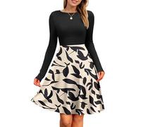 PLOKNRD Damen Strickkleid Herbst Langarm Kleider Elegant A-Linie Rundhalsausschnitt Freizeitkleid Winterkleid (Schwarze Aprikose Blatt,XL)