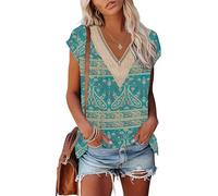 PLOKNRD Damen T-Shirts Sommer V-Ausschnitt Elegantes Abendparty Top Klassisches Kurzärmeliges Oberteile(Grün Böhmen,XL)