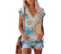 PLOKNRD Damen T-Shirts Sommer V-Ausschnitt Elegantes Abendparty Top Klassisches Kurzärmeliges Oberteile(Grün gedruckt,XL)