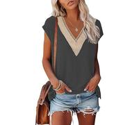 PLOKNRD Damen T-Shirts Sommer V-Ausschnitt Elegantes Abendparty Top Klassisches Kurzärmeliges Oberteile(Grau,XL)