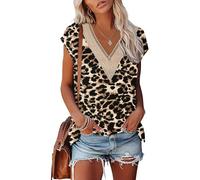 PLOKNRD Sommer Damen T-Shirt Freizeit Top mit V-Ausschnitt Kurzen Ärmeln Spitze Strand Oberteile Braun Schwarzer Leopard M