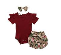 Plot Baby Mädchen Outfit Set Einfarbig Kurzarm Strampler Tops + Shorts + Haarband Sommer Neugeborenes Baby Outfit Set Kleinkind