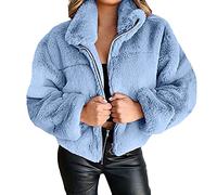Plüsch Mantel Damen Reißverschluss Plüschjacke Kurz Wintermantel Künstliche Wolle Warm Flauschig Einfarbig Dicke Coat Mode Teddy Parka Jacke,Blau,S