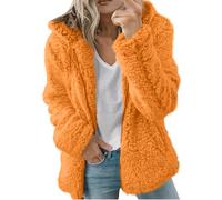 Plüschjacke Damen Farbblock Flanell Jacke Damen Übergangsmantel Damen Winterjacke Damen Kurz Mit Kapuze Kuschelige Jacke Damen Warme Winterjacke Damen Hemdjacke Damen Teddymantel(3-Orange,XXL)