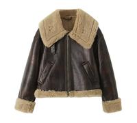 Plüschjacke Damen Jacke Damen Winterjacke Leder Steppjacke mit Fellkragen Warme Outdoor Mantel Eleganter Vintage Lederjacke XL Brown