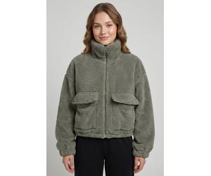 Plüschjacke ONLY "ONLANNA CONTACT LIFE SOL JACKET CC OTW", Damen, Gr. S, grau (smokey olive), Plüsch, Obermaterial: 100% Polyester, unifarben, normal, Jacken, mit aufgesetzten Taschen, weiche Plüschqu