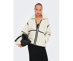 Plüschjacke ONLY "ONLPARIS TEDDY JACKET OTW CC", Damen, Gr. L, weiß (sandweiß detail:schwarz), Plüsch, Obermaterial: 100% Polyester, unifarben mit Farbeinsatz, normal, Jacken, Kunstfaser (97250667-L)