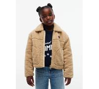 Plüschjacke TOMMY HILFIGER "TEDDY JACKET", Mädchen, Gr. 16 (176), beige (gentle gold), Web, Obermaterial: 100% Polyester. Füllung: 100% Polyester, unifarben, regular fit normal, Rundhals, eingefasste