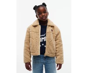 Plüschjacke TOMMY HILFIGER "TEDDY JACKET", Mädchen, Gr. 16 (176), beige (gentle gold), Web, Obermaterial: 100% Polyester. Füllung: 100% Polyester, unifarben, regular fit normal, Rundhals, eingefasste