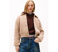 Plüschjacke TOMMY JEANS "TJW TEDDY VARSITY BOMBER", Damen, Gr. XS (34), malted milk, Plüsch, Obermaterial: 100% Polyester, unifarben, taillenbedeckt, Rippbündchen, Jacken (29698934-XS) malted milk