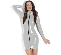 Plus Size Einfaches Langarm-Schlankes Minikleid Glänzendes PVC-Kleid Frauen Hoher Hals Reißverschluss Vorne Vestido Tanzen, Silber, 6XL