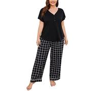 Plussize Schlafanzug Damen Baumwolle Große Größe Pyjama Set Kurzarm V-Ausschnitt Over Size Nachtwäsche Casual Lose Gitter Pyjamahose Frühling Sommer Loungewear Zweiteiliger Pjs Sets