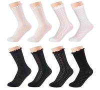 Pluvyze 8 Paar Rüschen Socken Mit Rüschen Damen Dirndl Socken Damen Söckchen Mit Rüschn Socks Demen Rüschensocken Baumwoll Polyester Mischgewebe für Mädchen Und Frauen, Einheitsgröße