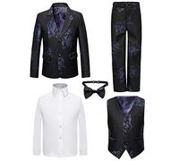 PLWEDDING Boy's 5 Stück Smokings Kleinkind Formale Anzüge Set Kinder Slim Fit Anzug für Hochzeiten(8,Schwarz mit Muster)