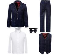 PLWEDDING Boy's 5 Stück Smokings Kleinkind Formale Anzüge Set Kinder Slim Fit Anzug für Hochzeiten(12,Blau kariert)