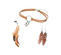 PMELCXD Indianerschmuck Damen Set - Boho Feder Haarschmuck & Choker Halskette & Ohrringe - Vintage Schmuck Set 4-teilig - Braun Silber - Einheitsgröße