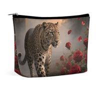 PNOMEDPKJ Reise-Make-up-Tasche mit Rose und Gepard, PU-Leder, Kosmetiktasche für Damen, mit Reißverschluss, tragbar, personalisierbar, wasserdicht, Organizer, Geschenk für Mutter und Mädchen