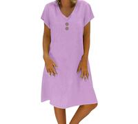 Poamen Sommerkleid Damen Leinen Kleider Leicht Große Größe S-5Xl Strandkleid Freizeitkleid Midikleid Kurzarm Knielang Baumwolle und Leinen Kleider Lässig Locker V Ausschnitt Blusenkleid (Purple, XXL)