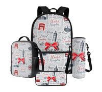 Poceacles 4 Stück Schulrucksack mit Lunchtasche, Federmäppchen, Flaschenfach, Grund- und Mittelschüler, Big Ben Britische Flagge, bedruckt, Zeitung, Big Ben Tagebuch mit britischer Flagge, bedruckt,