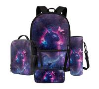 Poceacles 4-teiliges Schulranzen-Set für Mädchen, Jungen, Teenager, mit Rucksack, isolierte Lunchtasche, Federmäppchen, Wasserflasche, Tragetasche, Black Cat Galaxy Butterfly Violet, Einheitsgröße