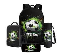 Poceacles 4-teiliges Schulrucksack-Set mit Federmäppchen, Lunchtasche, Wasserflaschenhalter, leicht, bequem, Büchertasche für Kinder, Fußball Green Splatter Print Let's Go, Einheitsgröße,
