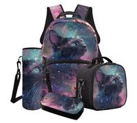 Poceacles Cartoon-Rucksack, 4er-Set, inklusive Lunchtasche, Federmäppchen, Wasserflaschentrager, Schulutensilien für Jungen und Mädchen, Black Cat Galaxy, Einheitsgröße, Schulranzen-Set