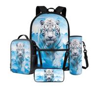 Poceacles Kinder-Rucksack-Set für Jungen und Mädchen, 4-teiliges Schulranzen-Set mit Lunchbag, Federmäppchen, Flaschentasche für Teenager, Erwachsene, White Tiger Blue Snowy Mountain, Einheitsgröße,