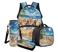 Poceacles Schulranzen-Set für Mädchen und Jungen, 4-in-1 Büchertaschen-Set mit süßem Rucksack, Lunch-Tasche, Federmäppchen, Wasserflaschenhalter, Süße Corgi Hund Möwe Strand Seestern Muschel
