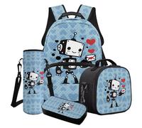 Poceacles Schulrucksack-Set für Jungen Teenager, 4 in 1 Büchertaschen-Set mit isolierter Lunchtasche Federmäppchen Wasserflasche Tasche, Roboter Buchstabe Love, blau, Einheitsgröße, Schulranzen-Set