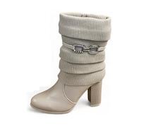 Pogolino Damen Stiefeletten Absatz elegant Glitzer Schnalle Stiefel Herbst Winter High Heels (570 Beige 39)