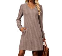 POGTMM Damen Strickkleid Casual Frühling Kleider Puff V-Ausschnitt Tunika Kleid Langarm Freizeitkleid mit Taschen Kaffee Braun XL