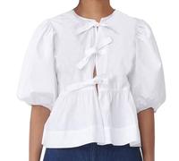 POHADON Damen-Tops mit Schnürung vorne, Rüschen, Schößchen, Babydoll-Top, Puffärmel, Coquette-Top, süßes Ausgehen, Bluse, Top, Y2K, Sommer-Tops, Weiss/opulenter Garten, Groß