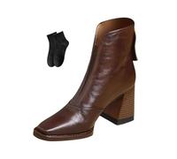POIOZXD Damen Stiefelette Kurze Lederstiefel für Frauen Herbst Winter Quadratische Zehen Retro Zurück Reißverschluss Chunky Heel Plateau Stiefel Outdoor Bequeme Schuhe für Frauen, braun, 36 EU