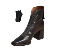 POIOZXD Damen Stiefelette Kurze Lederstiefel für Frauen Herbst Winter Quadratische Zehen Retro Zurück Reißverschluss Chunky Heel Plateau Stiefel Outdoor Bequeme Schuhe für Frauen, Schwarz , 36 EU