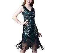 POIUIYQA 20er Jahre Kleid Damen Pailletten Fransenkleid Spaghettiträger Sexy Kurz Latein Tanzkleid