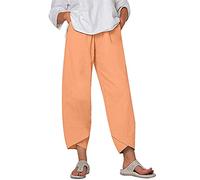 POIUIYQA Capri Hosen Damen Leinenhose Leicht Luftig Sommerhose Elegant Festlich Stoffhose 7/8 Weitem Bein Hosen Bequeme Boho Strandhose Leinen Haremshose High Waist Bequemer Freizeithose Mit Tasche