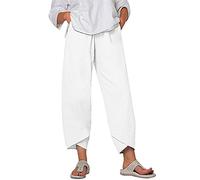 POIUIYQA Capri Hosen Damen Leinenhose Leicht Luftig Sommerhose Elegant Festlich Stoffhose 7/8 Weitem Bein Hosen Bequeme Boho Strandhose Leinen Haremshose High Waist Bequemer Freizeithose Mit Tasche