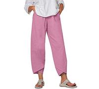 POIUIYQA Capri Hosen Damen Leinenhose Leicht Luftig Sommerhose Elegant Festlich Stoffhose 7/8 Weitem Bein Hosen Bequeme Boho Strandhose Leinen Haremshose High Waist Bequemer Freizeithose Mit Tasche