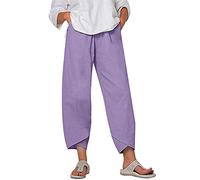 POIUIYQA Capri Hosen Damen Leinenhose Leicht Luftig Sommerhose Elegant Festlich Stoffhose 7/8 Weitem Bein Hosen Bequeme Boho Strandhose Leinen Haremshose High Waist Bequemer Freizeithose Mit Tasche