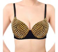 POIUIYQA Damen reizvolle Büstenhalter-Punk-Leistung Goldmetallische Nieten verzierte Strappy reizvolle BH Gold Metallic Nieten mit Stachelbra mit einstellbarem Riemen für Clubparty Drance